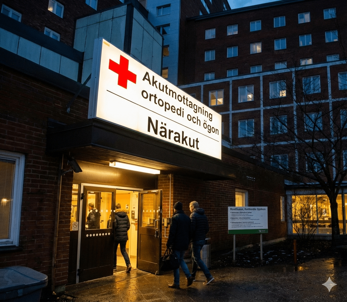 Upplyst fasadskylt för akutmottagning och närakut på en sjukhusbyggnad i tegel under kvällstid. Silhuetter av människor syns vid entrén